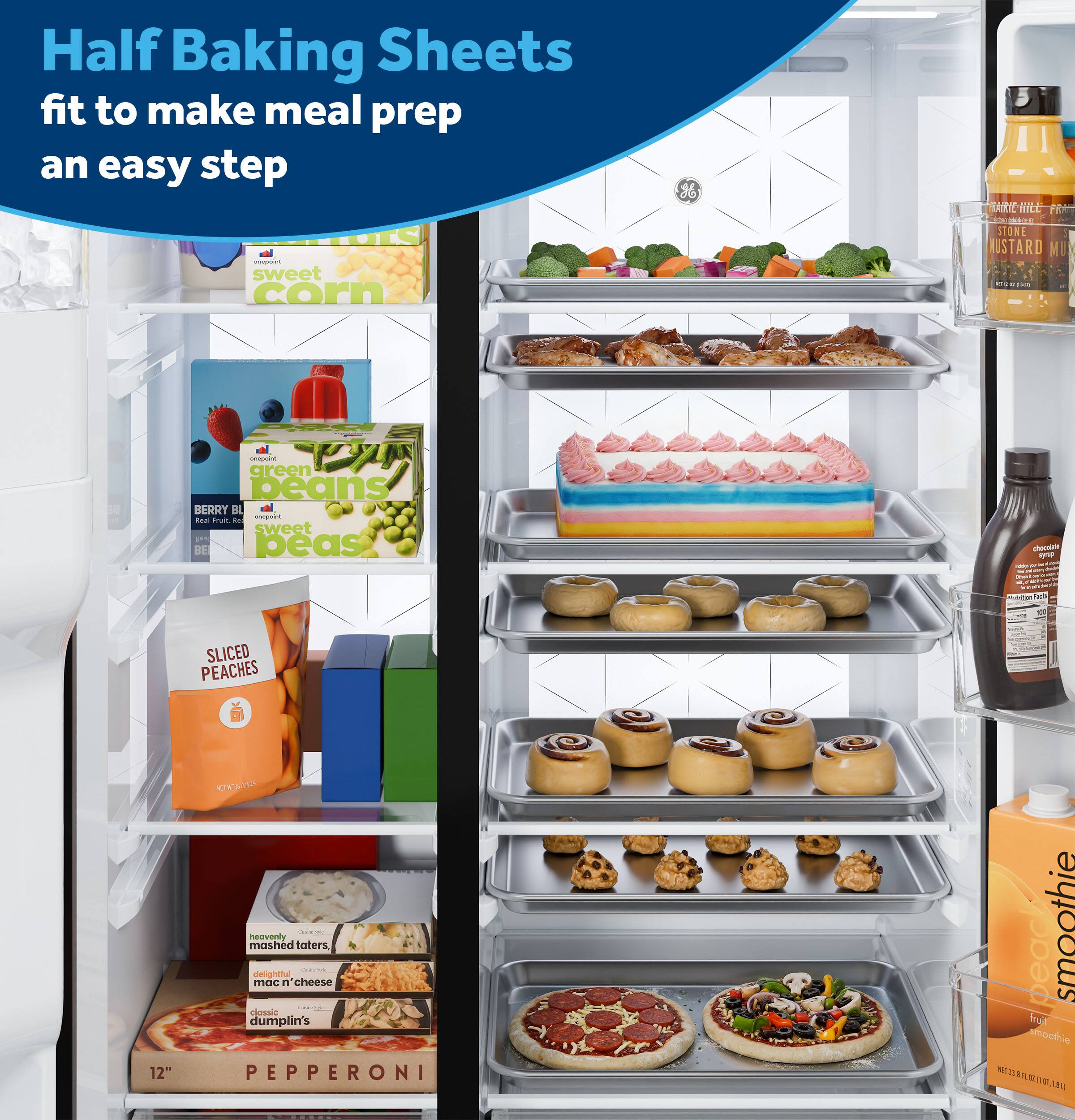 Half Baking Sheets fit to make meal prep an easy step

- sweet corn
- green beans
- BERRY BLEND sweet peas
- SLICED PEACHES
- heavenly mashed taters
- delightful mac 'n cheese
- classic dumplin's
- PEPPERONI pizza
- smoothie
- smoothie