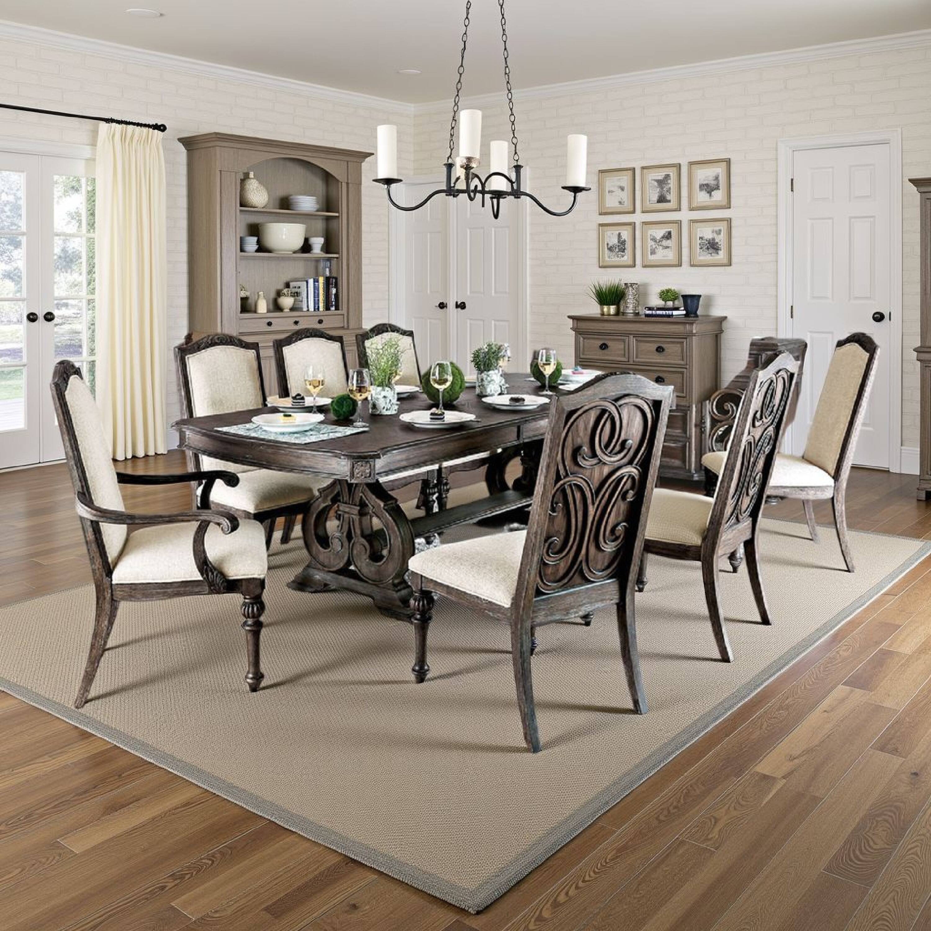 Alt View 5. Manhattan Lane - Arca 9pc Dining Table Set with 8 Ivory Fabric Chair, Rustic Solid Wood - Natural Brown, Ivory.