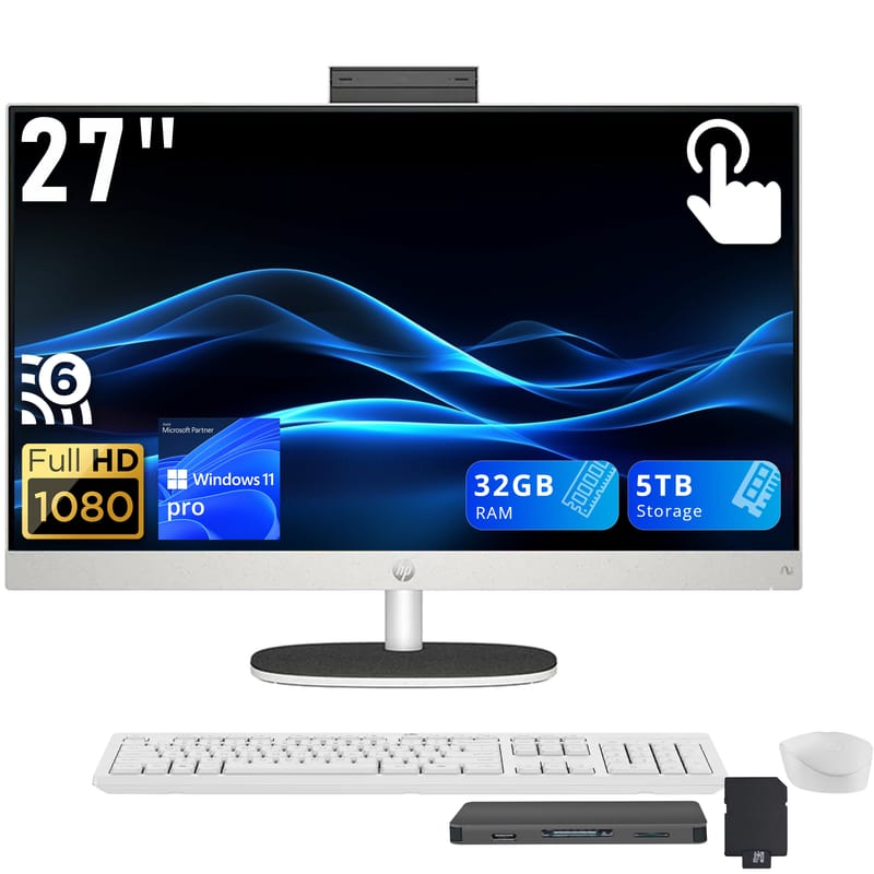 HP - 27" FHD Touchscreen All-in-One,Ryzen AI 7 350,32GB DDR5,4TB SSD+1TB Dock Station,AMD Radeon 680M,WiFi 6,Win 11 - White