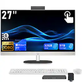 HP - 27" FHD Touchscreen All-in-One,Ryzen AI 7 350,32GB DDR5,4TB SSD+1TB Dock Station,AMD Radeon 680M,WiFi 6,Win 11 - White