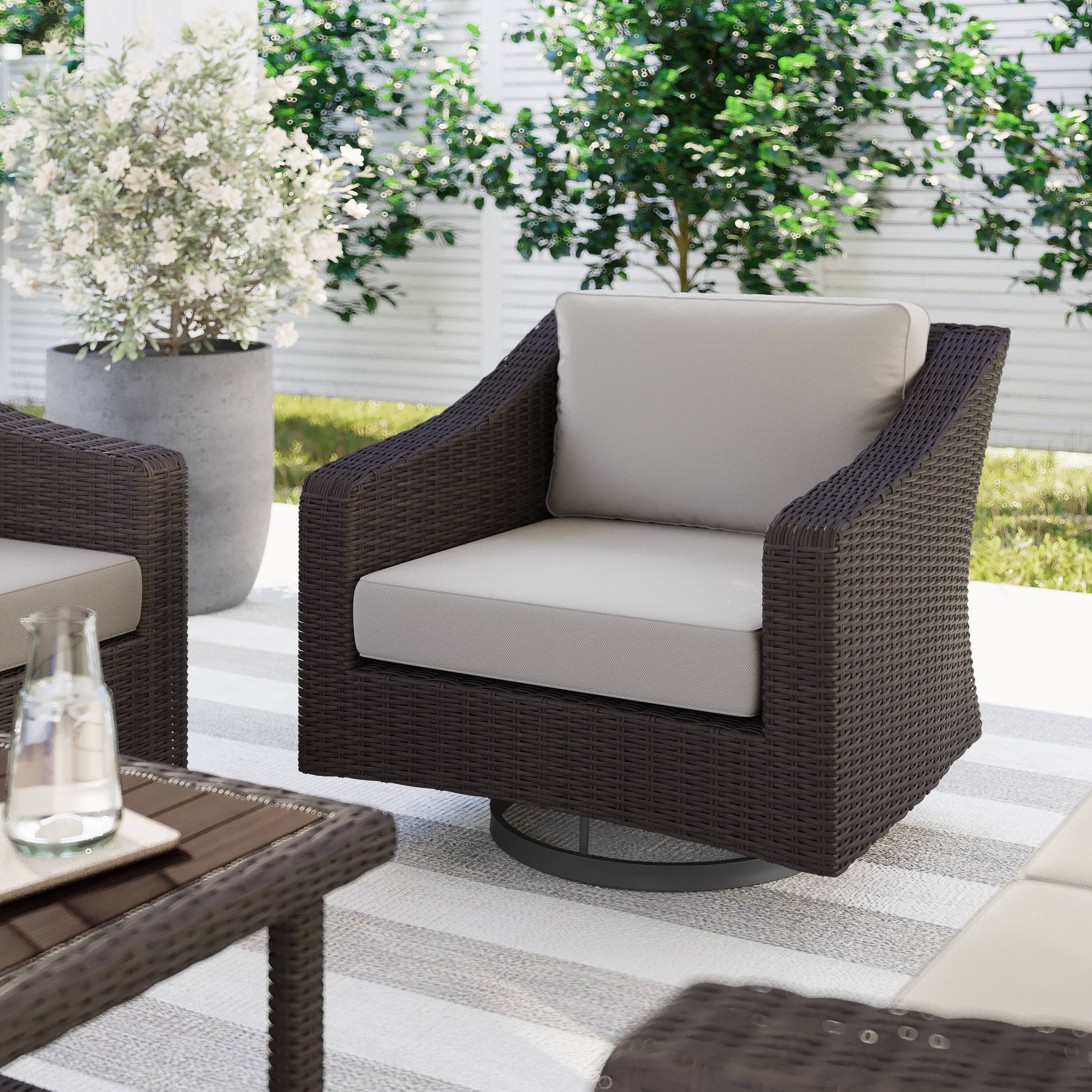 Alt View 1. Martha Stewart - Bedford Outdoor Rattan Wicker Swivel Chair with All-Weather Cushions - Tan Cushions/Brown Frame.