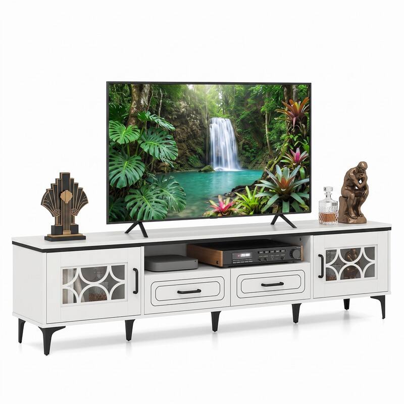 Left. WELLFOR - Farmhouse Entertainment Center with 2 Drawers& 2 Doors, TV Stand for TVs up to 80 Inch for Living Room - White.