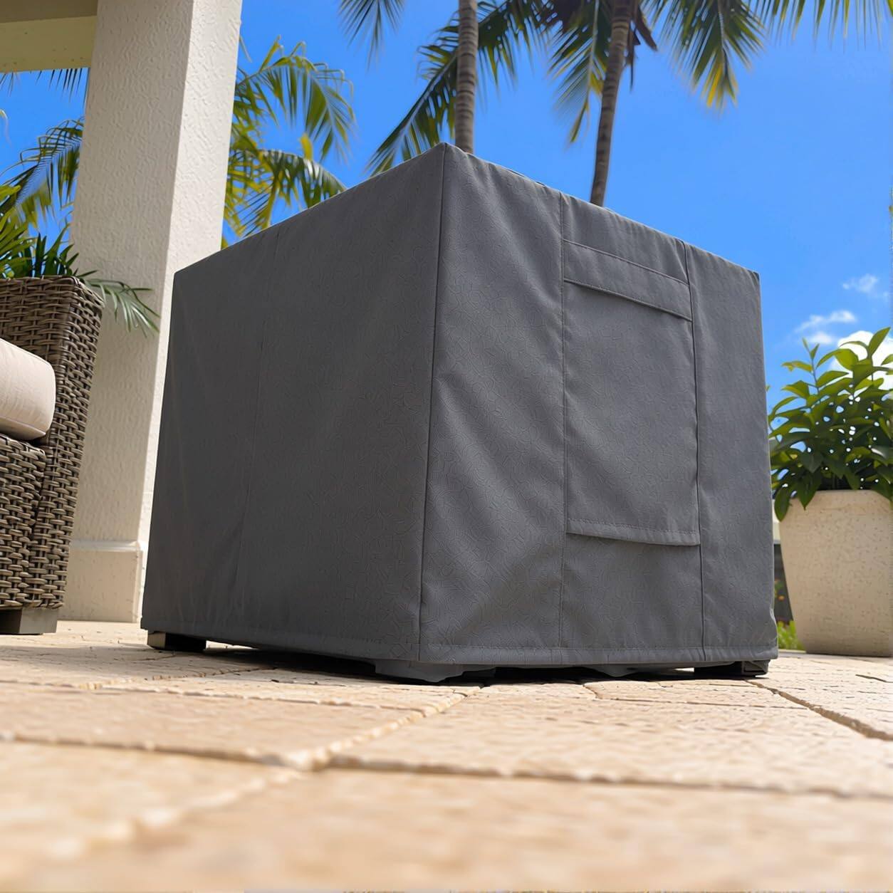 Alt View 3. KHOMO GEAR - Outdoor Ottoman and Coffee Table Cover - Heavy Duty, Water Resistant Square Patio Side Table Cover - 16"L x 16"W x 15"H - Gray.