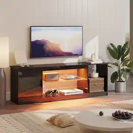 Bestier - 57-inch Gaming TV Stand with RGB Lights, Adjustable Glass Shelves & PS Console Storage - Glossy Black