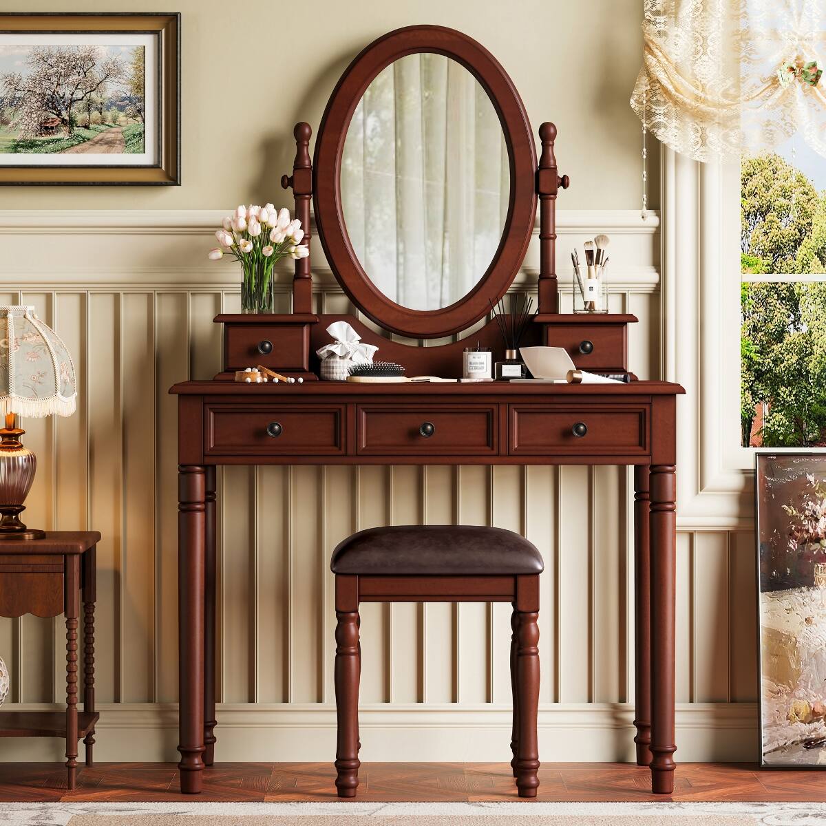 Angle. Loheer - Loheer Vanity Desk with Adjustable Angle Mirror, Walnut Wood, Cushioned Stool and Five Drawers - Walnut.