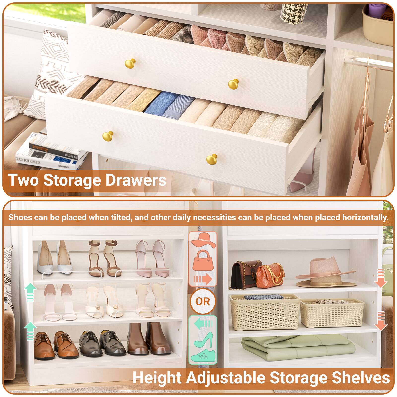 Nahee 14 TRAZN KILLD - Two Storage Drawers

Shoes can be placed when tilted, and other daily necessities can be placed when placed horizontally.

OR

Height Adjustable Storage Shelves