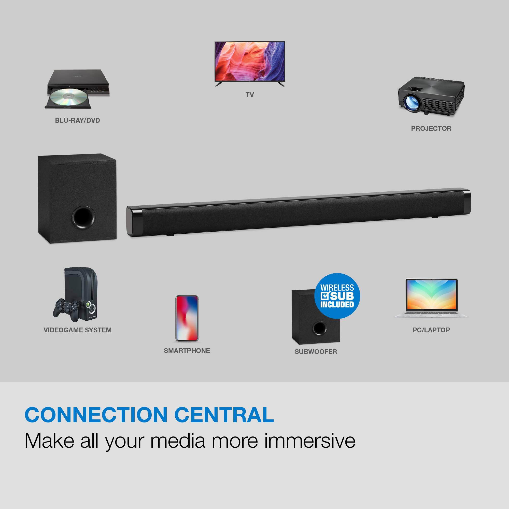 TV BLU-RAY/DVD PROJECTOR WIRELESS C SUB INCLUDED VIDEOGAME SYSTEM PC/LAPTOP SMARTPHONE SUBWOOFER CONNECTION CENTRAL

Make all your media more immersive