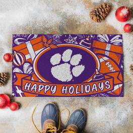 Evergreen Enterprises - Clemson Tigers 28" x 16" Happy Holidays Christmas Turf Door Mat - Multicolor