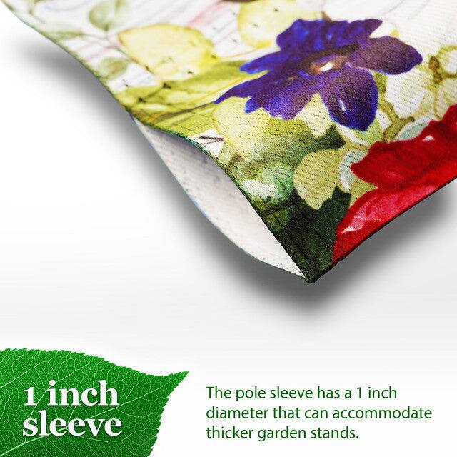 1 inch sleeve

The pole sleeve has a 1 inch diameter that can accommodate thicker garden stands.