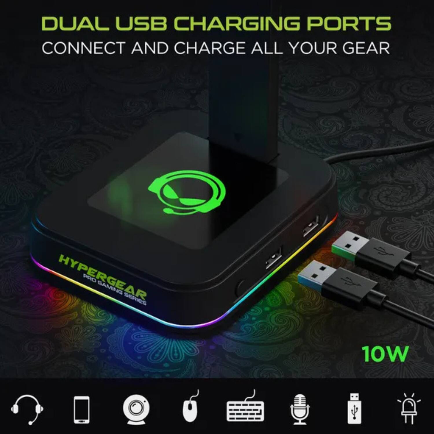 Back. Stock Preferred - RGB Command Station Dual Headset Stand with 2 USB Charging Ports.