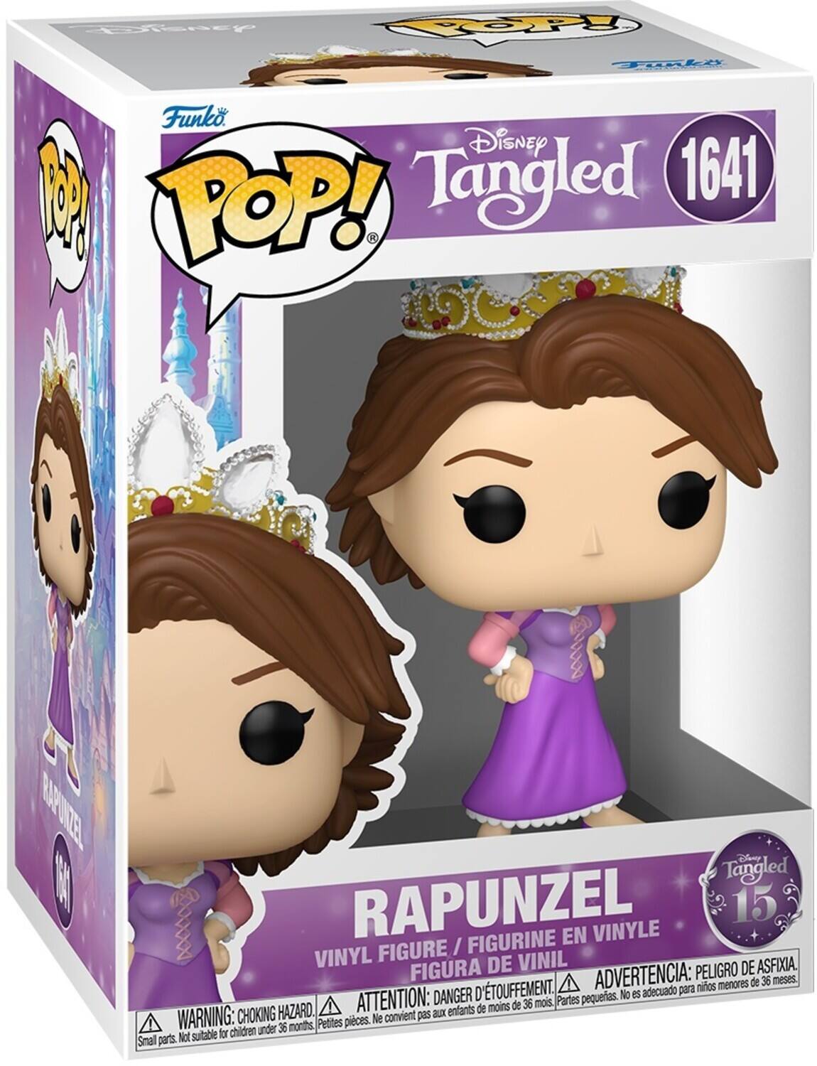Sure, here is the corrected and grouped text from the image:

---

**Funko POP!**

**Disney Tangled**

**1641**

**RAPUNZEL**

**VINYL FIGURE / FIGURINE EN VINYLE / FIGURA DE VINIL**

**WARNING: CHOKING HAZARD. Small parts. Not suitable for children under 36 months.**

**ATTENTION: DANGER D'ÉTOUFFEMENT. Petites pièces. Ne convient pas aux enfants de moins de 36 mois.**

**ADVERTENCIA: PELIGRO DE ASFIXIA. Partes pequeñas. No es adecuado para niños menores de 36 meses.**

---

This text is from the packaging of a Funko Pop! vinyl figure of Rapunzel from Disney's Tangled.