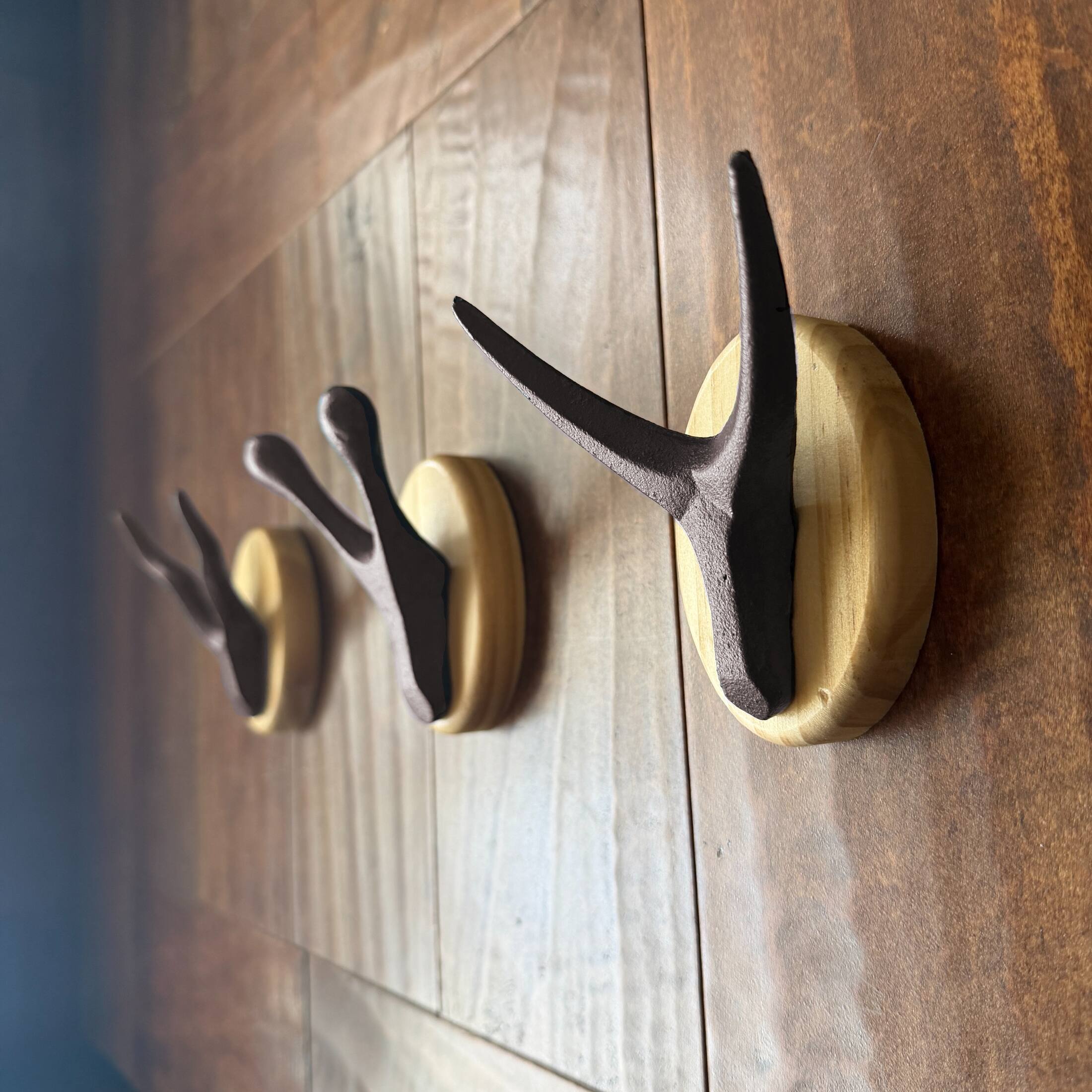 Alt View 5. Zeckos - Cast Iron Antler Wall Hook Set of 3 with Wood Backs Dark Brown 3.5 Inch - Dark Brown.