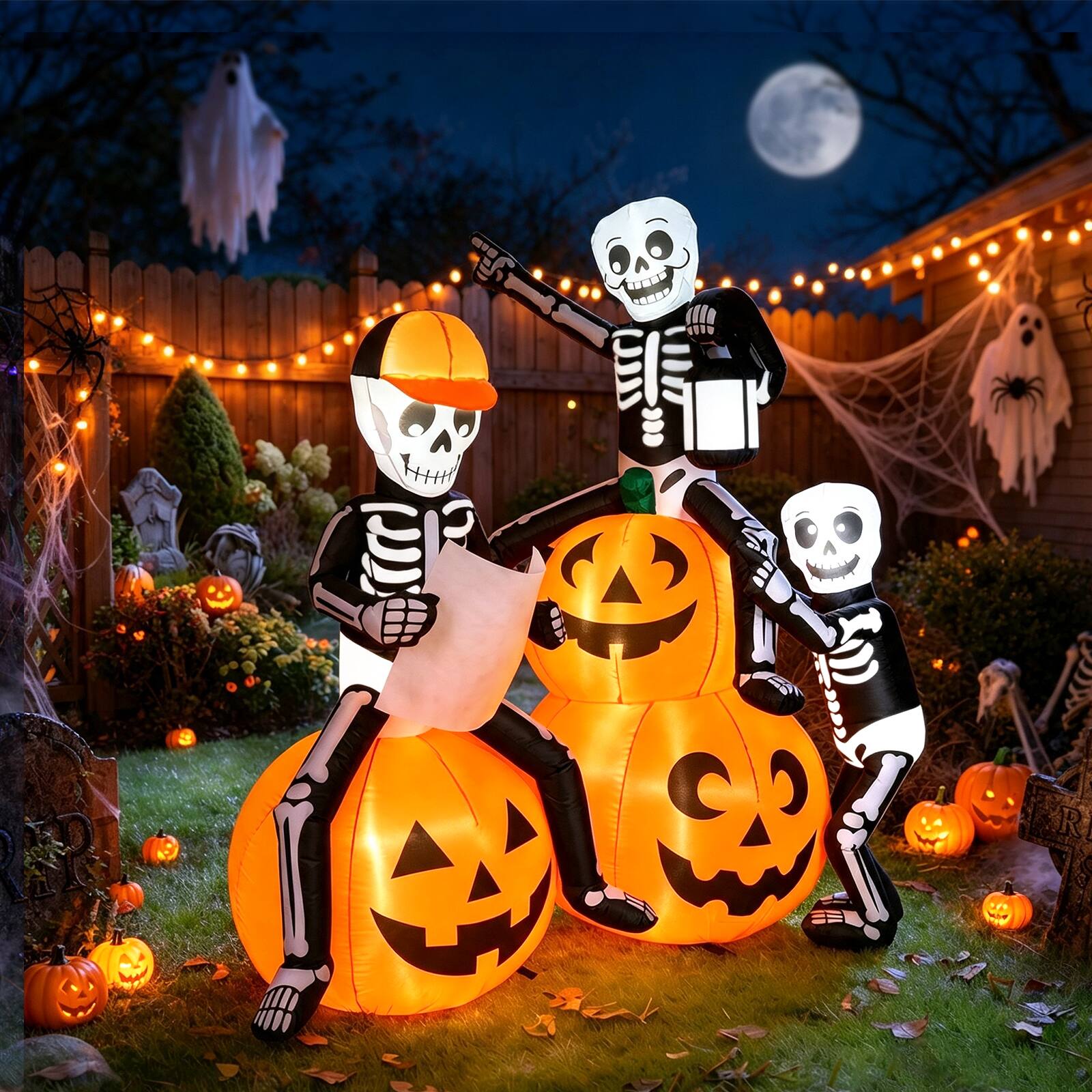 Alt View 9. CAMULAND - 5FT LED Yard Decor Halloween Inflatable Skeletons with Pumpkin - Orange.