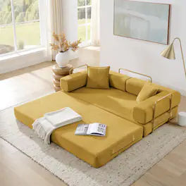 Trinkets Crazed - 4-In-1 Free Combination Loveseat Convertible Sleeper Sofa Bed Floding Futon Couch Corduroy Modular Sofa Couch - Yellow