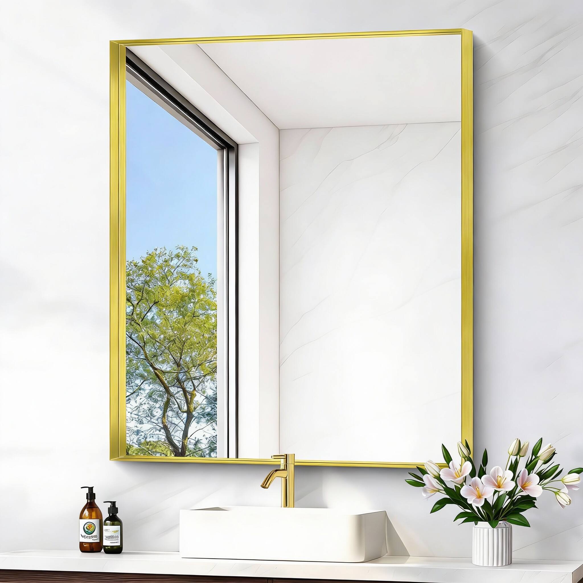 Front. METALTON - Bathroom Mirror Rectangular Framed Large Wall Mounted Vanity Over Sink For Bedroom Restroom Living Room Han - Gold 30"L x 36"W.