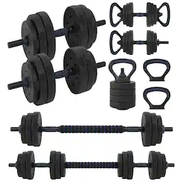 SereneLife - SQUATZ 45/70/90 lb Adjustable Dumbbell Set, 4-in-1 with Kettlebell & Barbell, Round Weight Set - Navy Blue