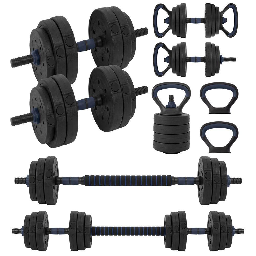 Front. SereneLife - SQUATZ 45/70/90 lb Adjustable Dumbbell Set, 4-in-1 with Kettlebell & Barbell, Round Weight Set - Navy Blue.