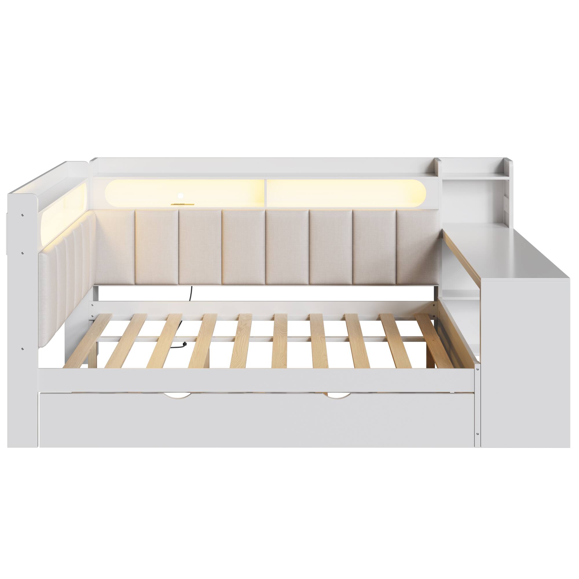 Alt View 2. Whisen - Full-Size Daybed with Trundle, Storage Shelves, Desk, Charging Station, LED Lights & Upholstered Back - White.