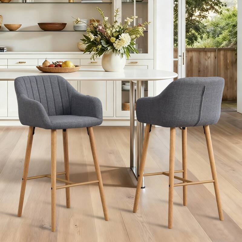 HTUTWOO - Modern Bar Stools Set of 2, Ergonomic Backrest & Footrest, Linen Upholstered Tall Chairs for Kitchen Island, Home Bar - Gray