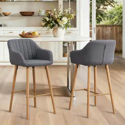Front. HTUTWOO - Modern Bar Stools Set of 2, Ergonomic Backrest & Footrest, Linen Upholstered Tall Chairs for Kitchen Island, Home Bar - Gray.