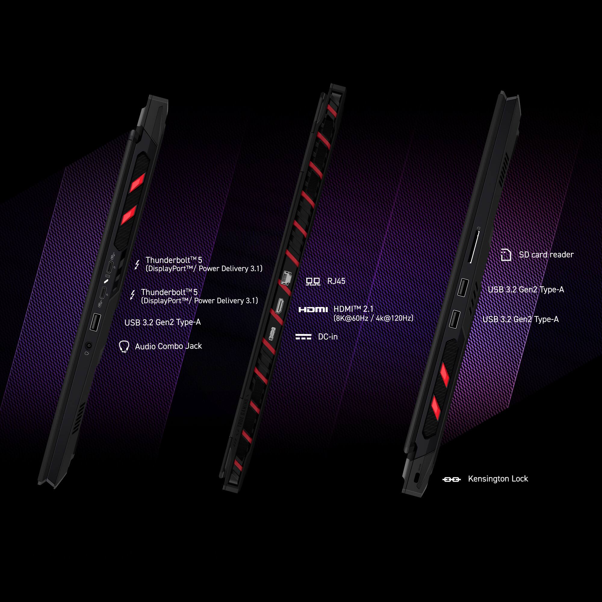 The text on the image describes the features of a laptop or computer, including Thunderbolt 5 (DisplayPort/ Power Delivery 3.1), USB 3.2 Gen2 Type-A, Audio Combo Jack, RJ45, HOMI HDMI 2.1, DC-in, SD card reader, and Kensington Lock.