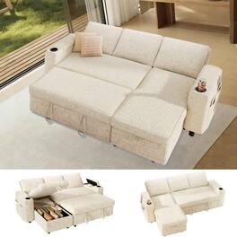 Vipbear - 82" Sleeper Sofa Bed, 3-in-1 L-Shaped Reclining Couch with Reversible Storage Chaise, Tool-Free Assembly, Beige - Beige