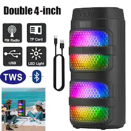 Luckbyte - Portable Dual 4 Inch Bluetooth Speaker with LED Lights Rechargeable Outdoor Stereo Speaker