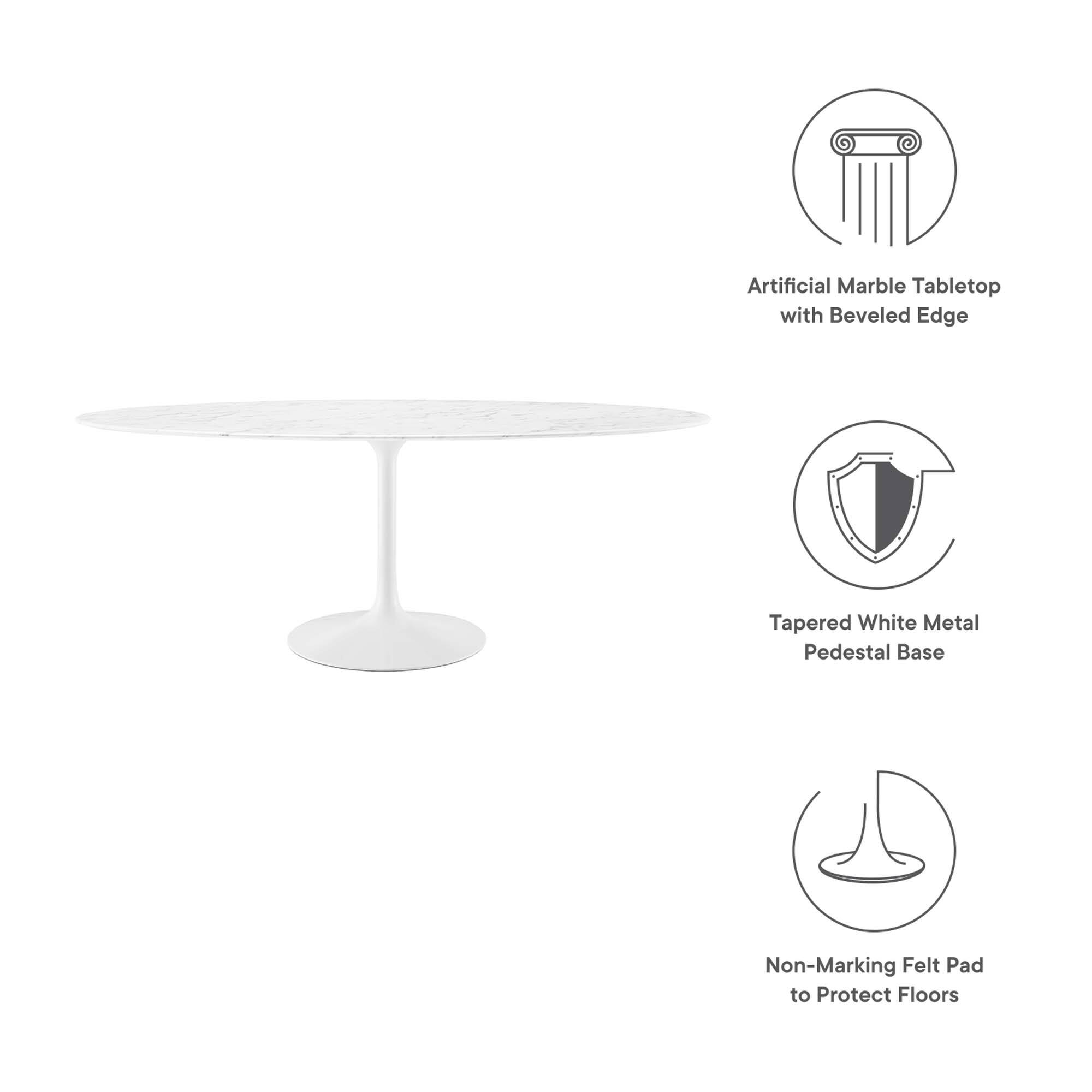 Artificial Marble Tabletop with Beveled Edge  
Tapered White Metal Pedestal Base  
Non-Marking Felt Pad to Protect Floors