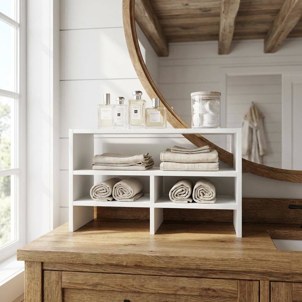 Angle. FurniFact - White desk organizing shelf with multi-tier design and sturdy wood construction - White.