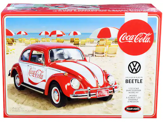 Sure, here is the corrected and grouped text from the image:
---
**Coca-Cola**
**Volkswagen Beetle**
1/25 Scale Snap-Together Model Kit
Modèle à échelle 1/25 ensembles à pression
1 Plastic Kit / 1 Trousse en plastique
Polar Lights
---
**Enjoy Coca-Cola**
**Coca-Cola**
**Coca-Cola**