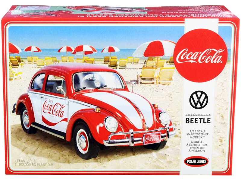 Sure, here is the corrected and grouped text from the image:

---

**Coca-Cola**

**Volkswagen Beetle**

1/25 Scale Snap-Together Model Kit  
Modèle à échelle 1/25 ensembles à pression

1 Plastic Kit / 1 Trousse en plastique

Polar Lights

---

**Enjoy Coca-Cola**  
**Coca-Cola**  
**Coca-Cola**