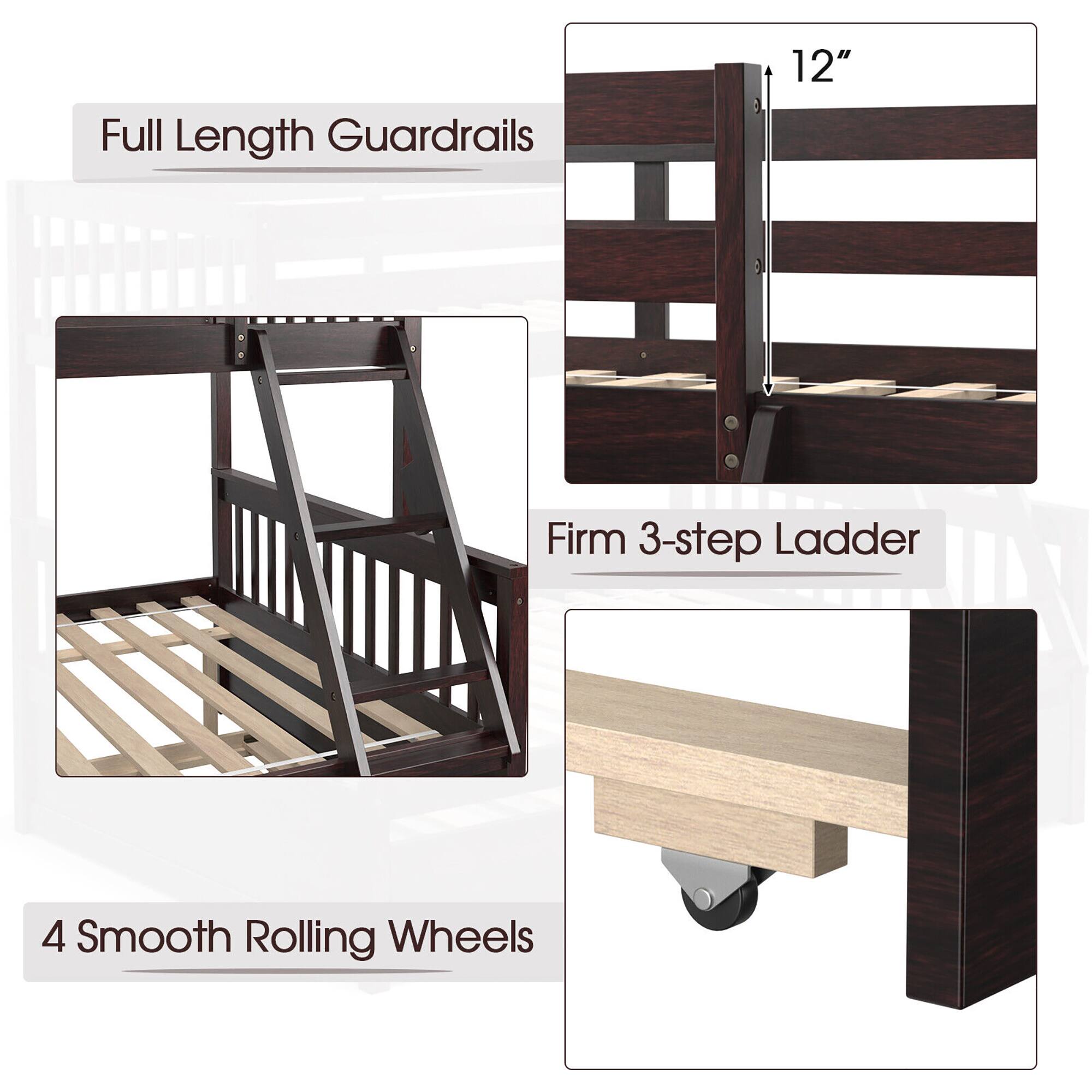 Full Length Guardrails  
12"  
Firm 3-step Ladder  
4 Smooth Rolling Wheels