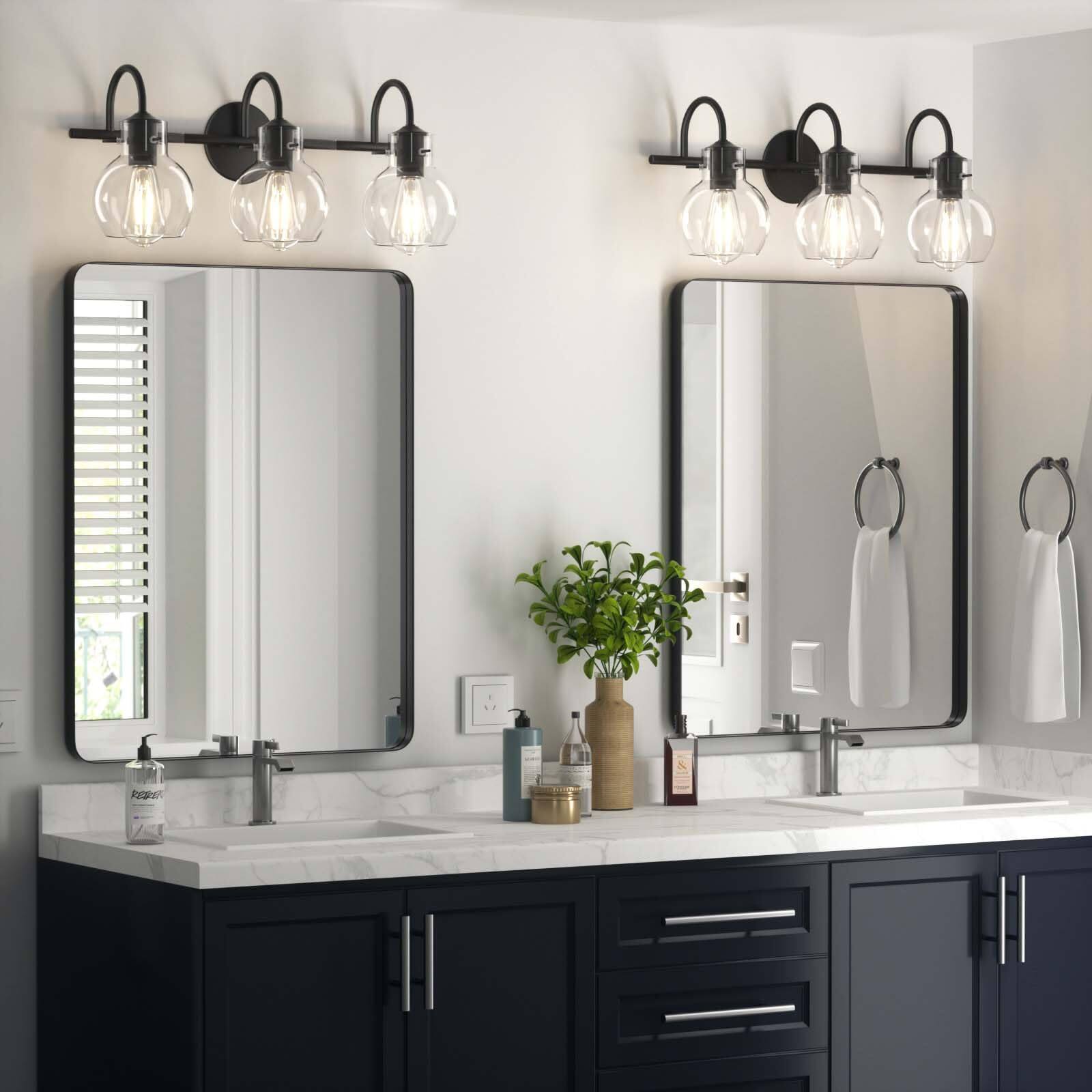 Angle. PAIHOME - Bathroom Vanity Light 21" Modern 3-Light Bathroom Light Fixtures over Mirror with Clear Glass Shade E26 Base Wall Sconce - Black.