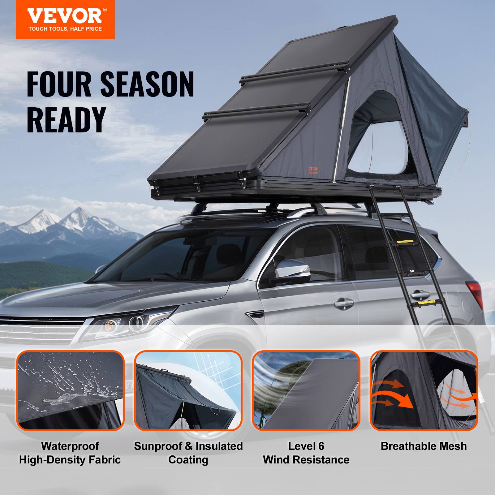 VEVOR TOUGH TOOLS, HALF PRICE FOUR SEASON READY
1 Waterproof High-Density Fabric
2 Sunproof & Insulated Coating
3 Level 6 Wind Resistance
4 Breathable Mesh
