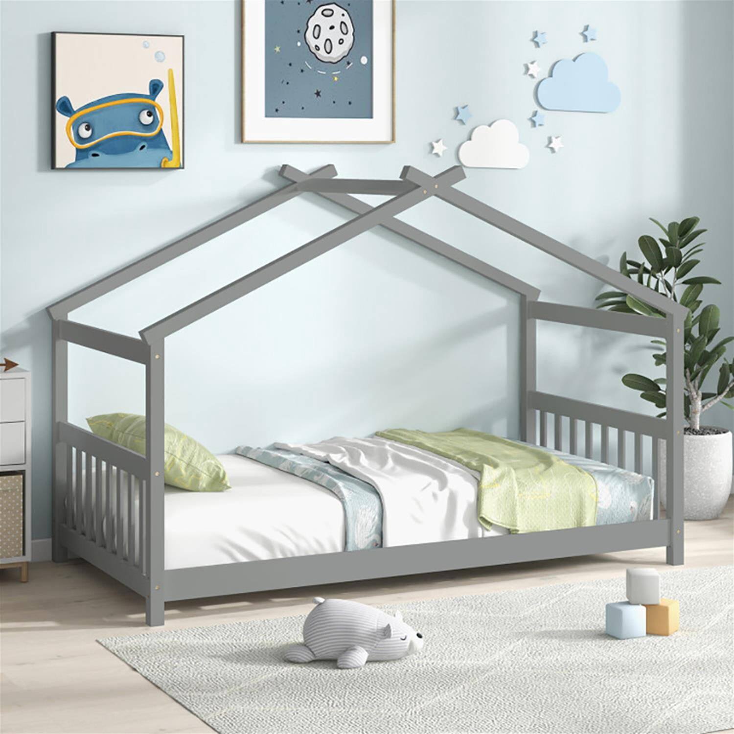 Alt View 4. Pefilos - Twin Size Wooden House Bed Frames with Roof, Modern Platform Floor Bed Frames for Teens, Gray - Gray.