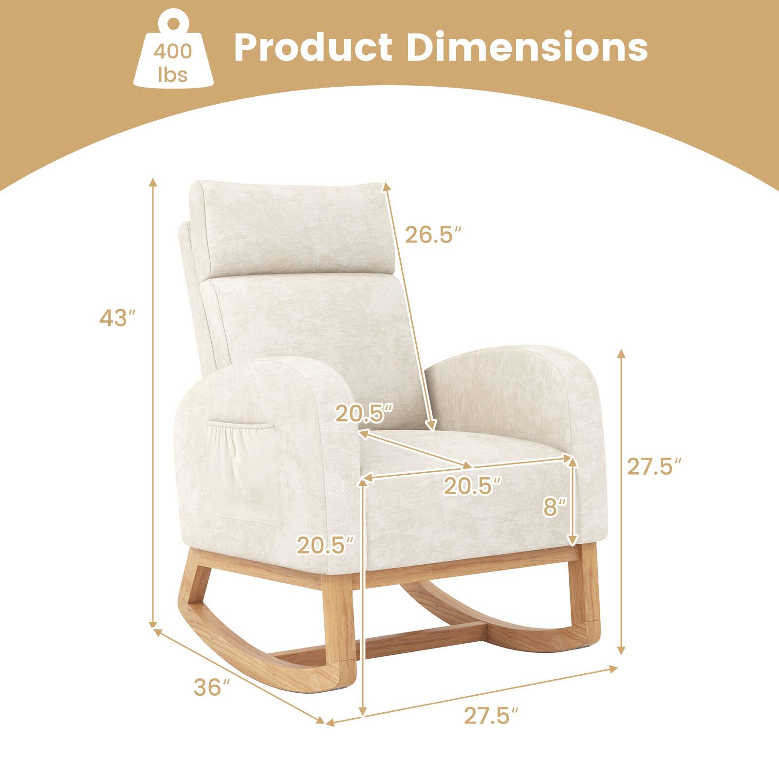 Product Dimensions:  
400 lbs  
Height: 43"  
Width: 36"  
Depth: 27.5"  
Seat Height: 20.5"  
Arm Height: 26.5"  
Back Height: 27.5"  
Seat Depth: 20.5"  
Arm Width: 20.5"  
Seat Width: 20.5"