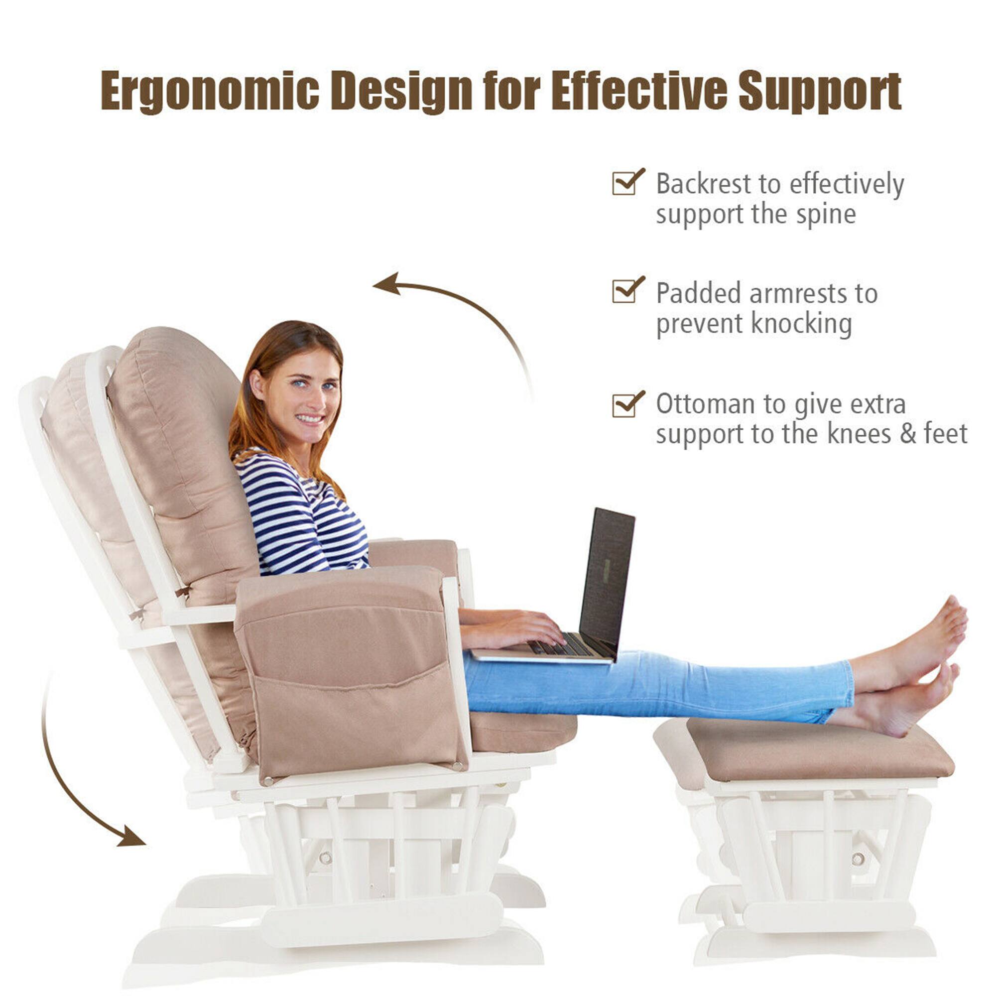 Ergonomic Design for Effective Support

- Backrest to effectively support the spine
- Padded armrests to prevent knocking
- Ottoman to give extra support to the knees & feet