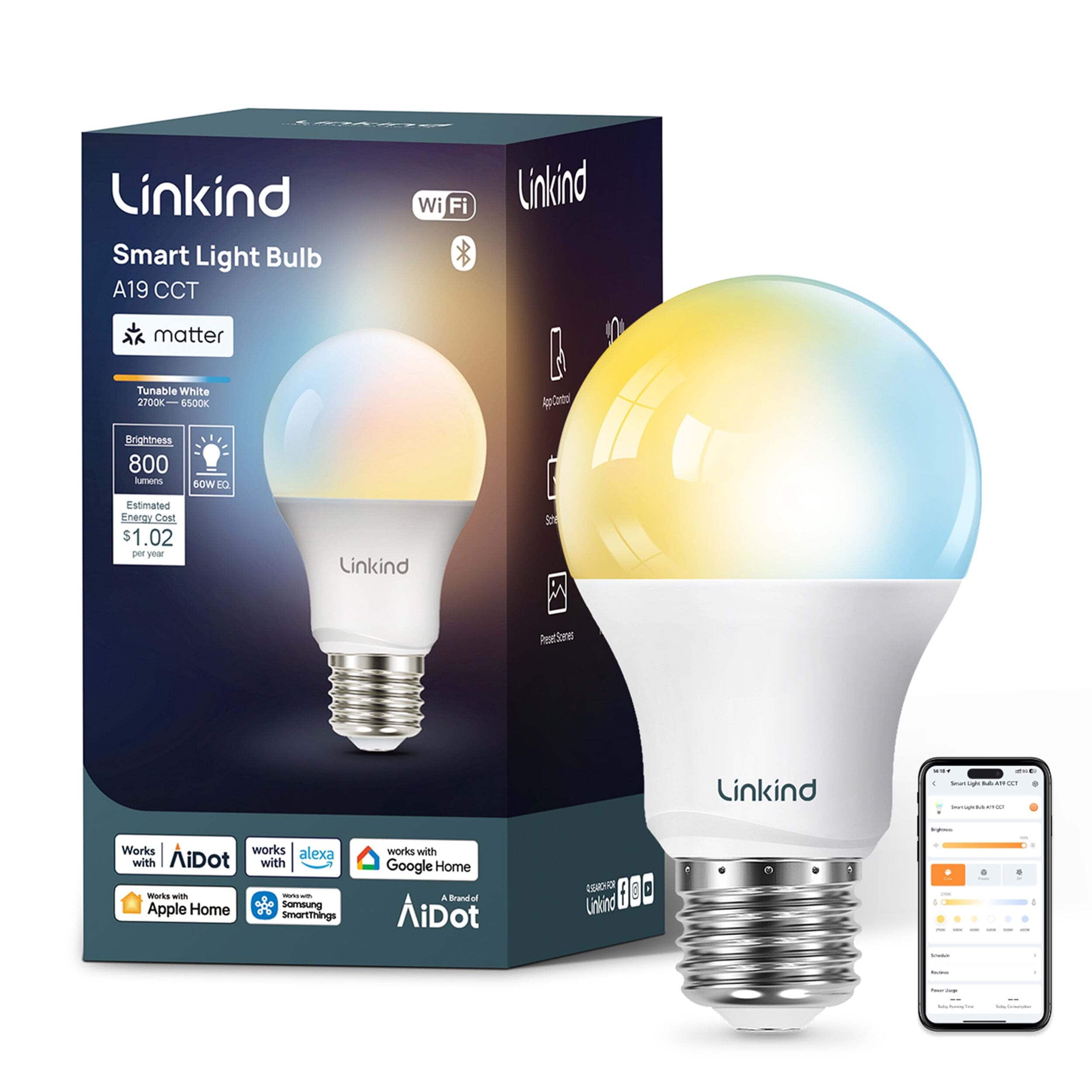 Linkind - A19 Smart LED Bulb, Matter Compatible, 800lm Tunable White (1 Pack)