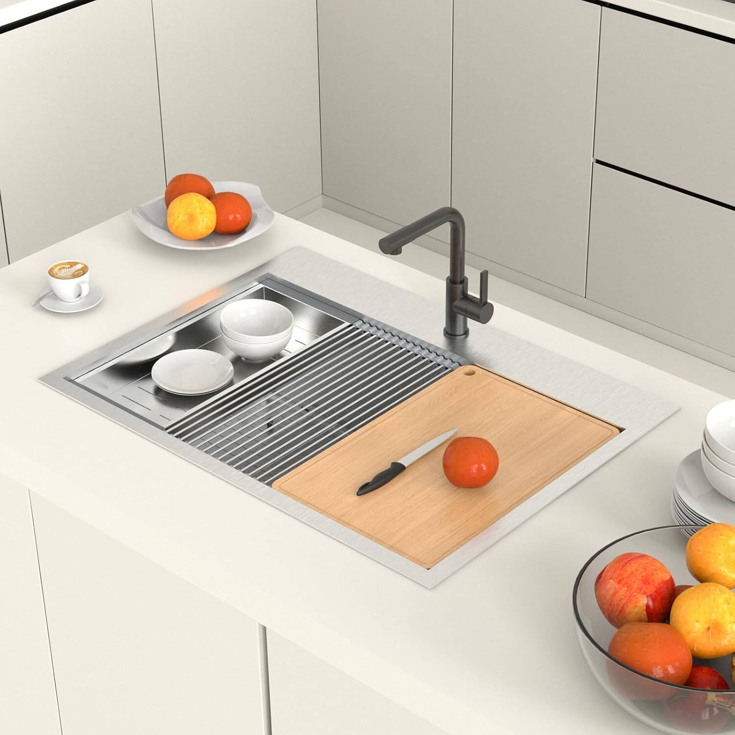 Alt View 3. Winado - 30"L x 22"W x 9"H Top Mount Kitchen Sink with Cutting Board and Drying Rack for Food Prep Area & Kitchen Dishwashing Use - Silver.
