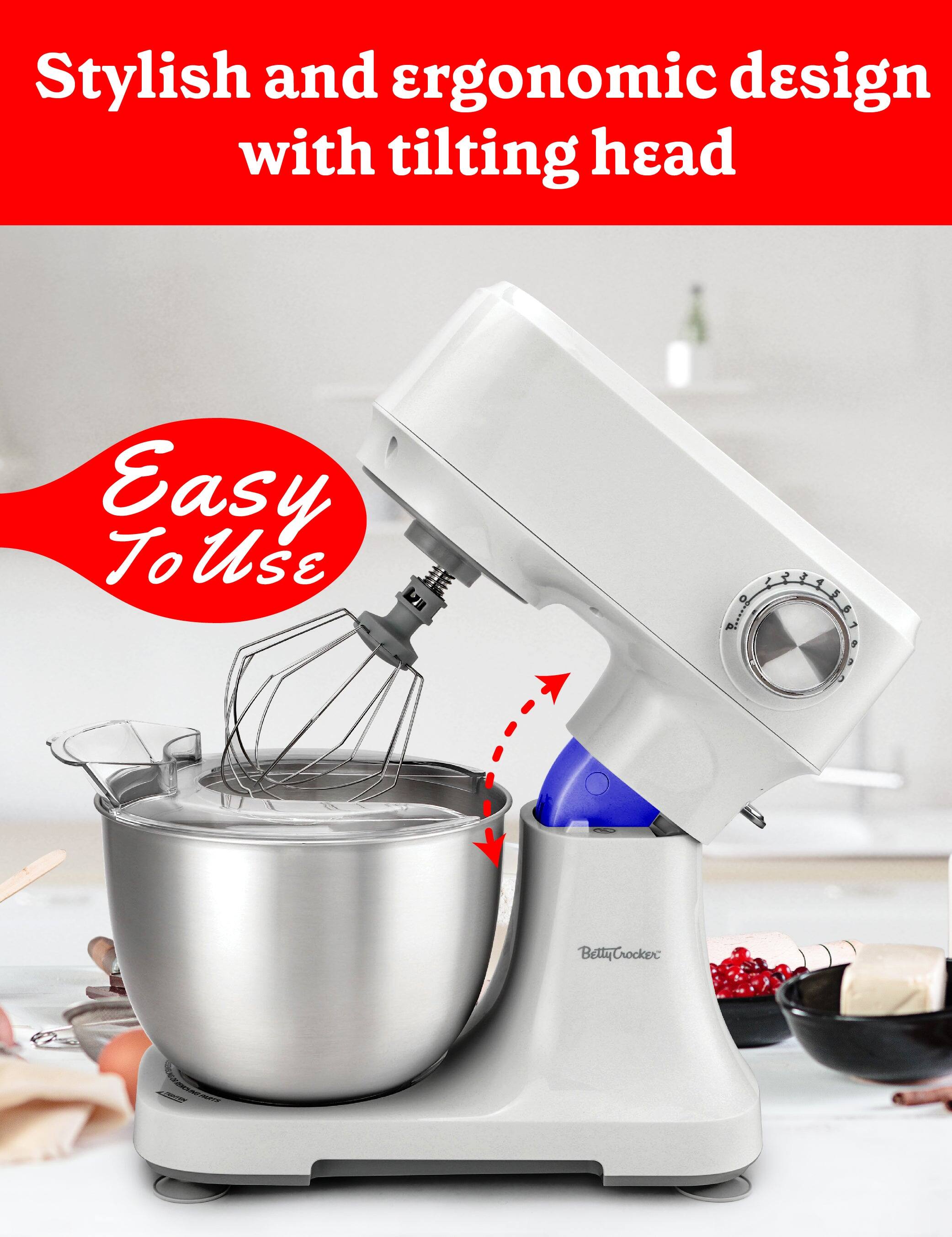 Stylish and ergonomic design with tilting head. Easy to use. Betty Crocker.