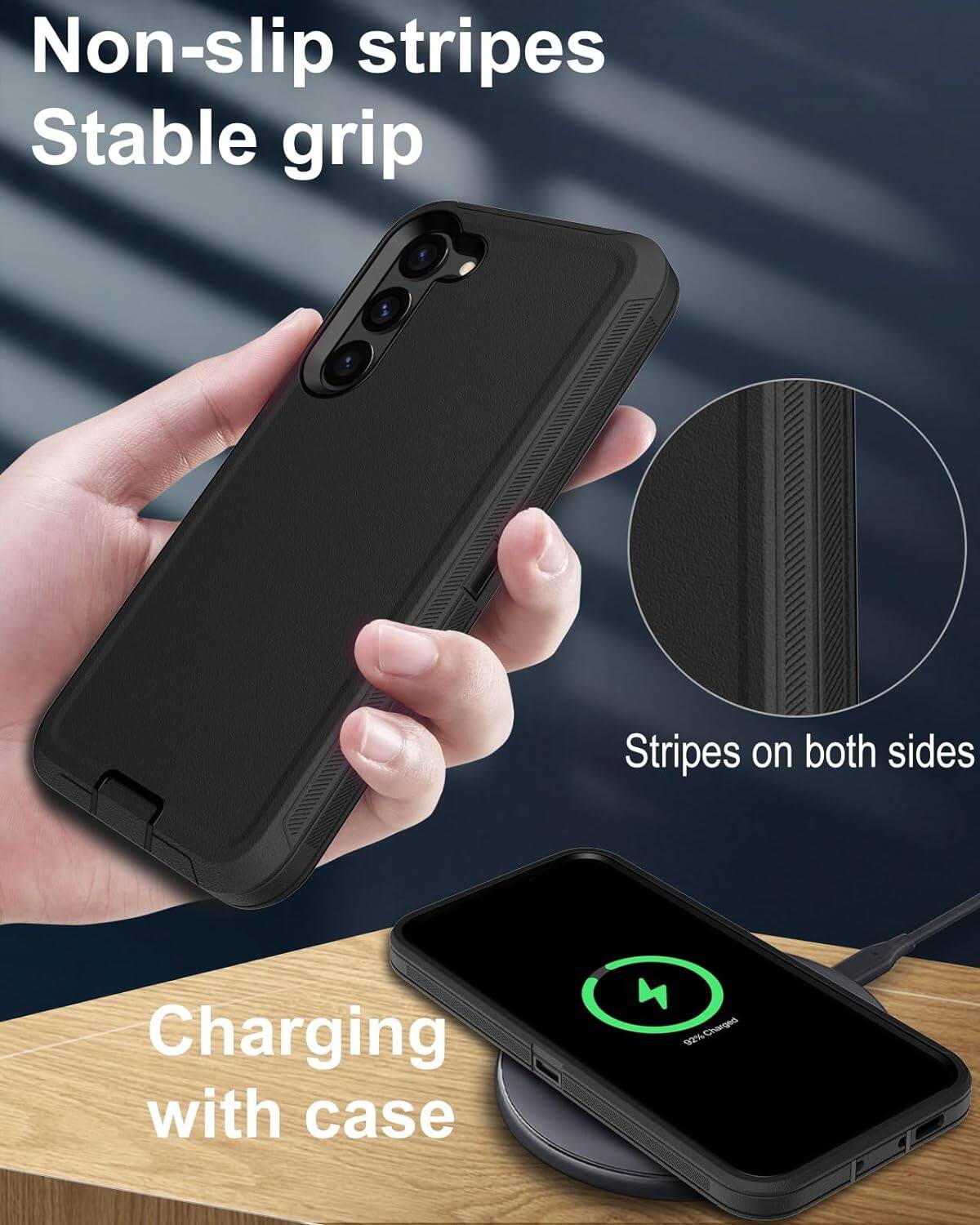 Non-slip stripes, Stable grip, Stripes on both sides, Charging with case, 92% Charged