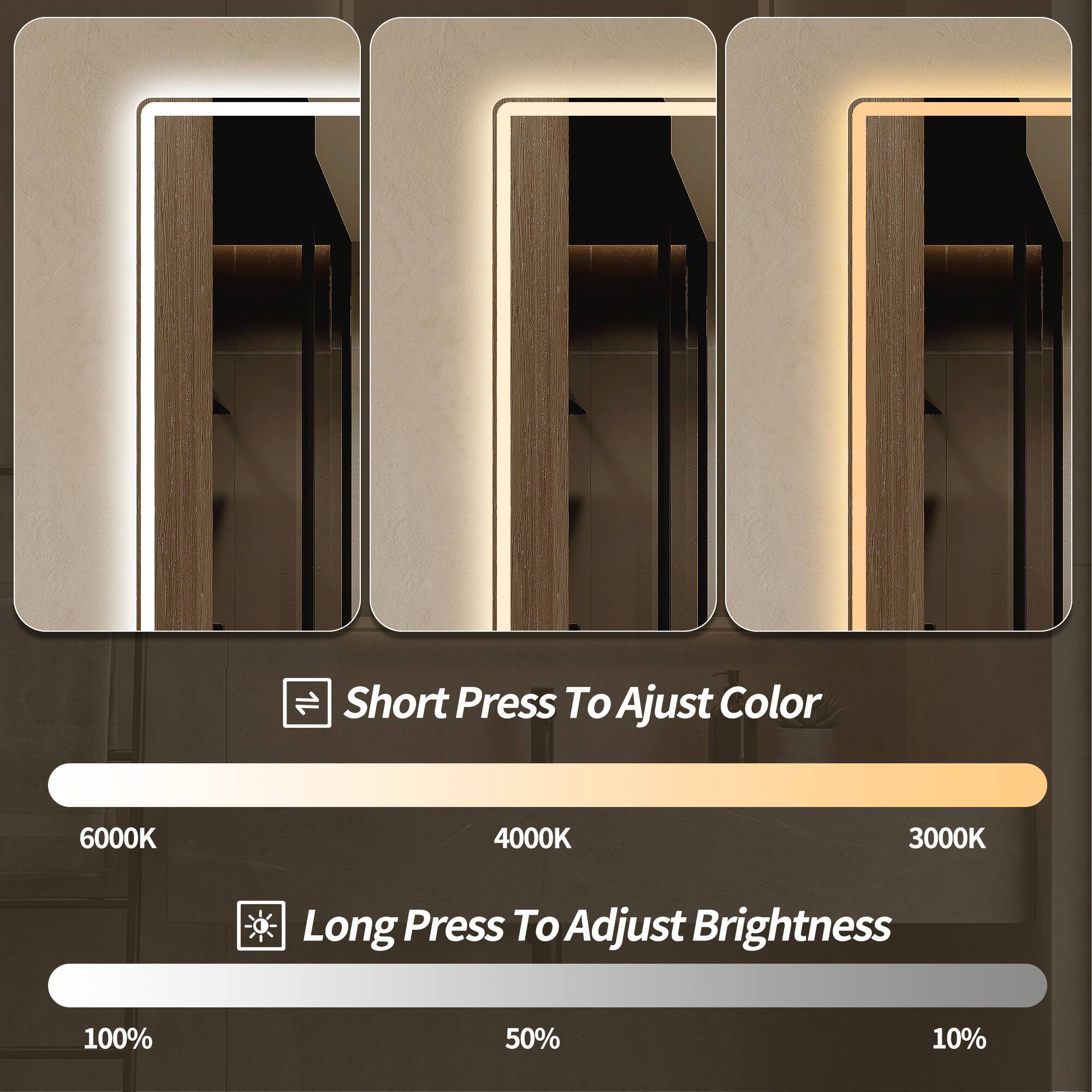 Short Press To Adjust Color 6000K 4000K 3000K  
Long Press To Adjust Brightness 100% 50% 10%