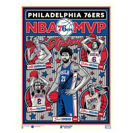 PHILADELPHIA 76ERS
NBA MVP History
Wilt CHAMBERLAIN 1966-1968
Julius ERVING 1981
Moses MALONE 1983
Allen IVERSON 2001
Joel EMBIID 2023
PHENOM GALLERY