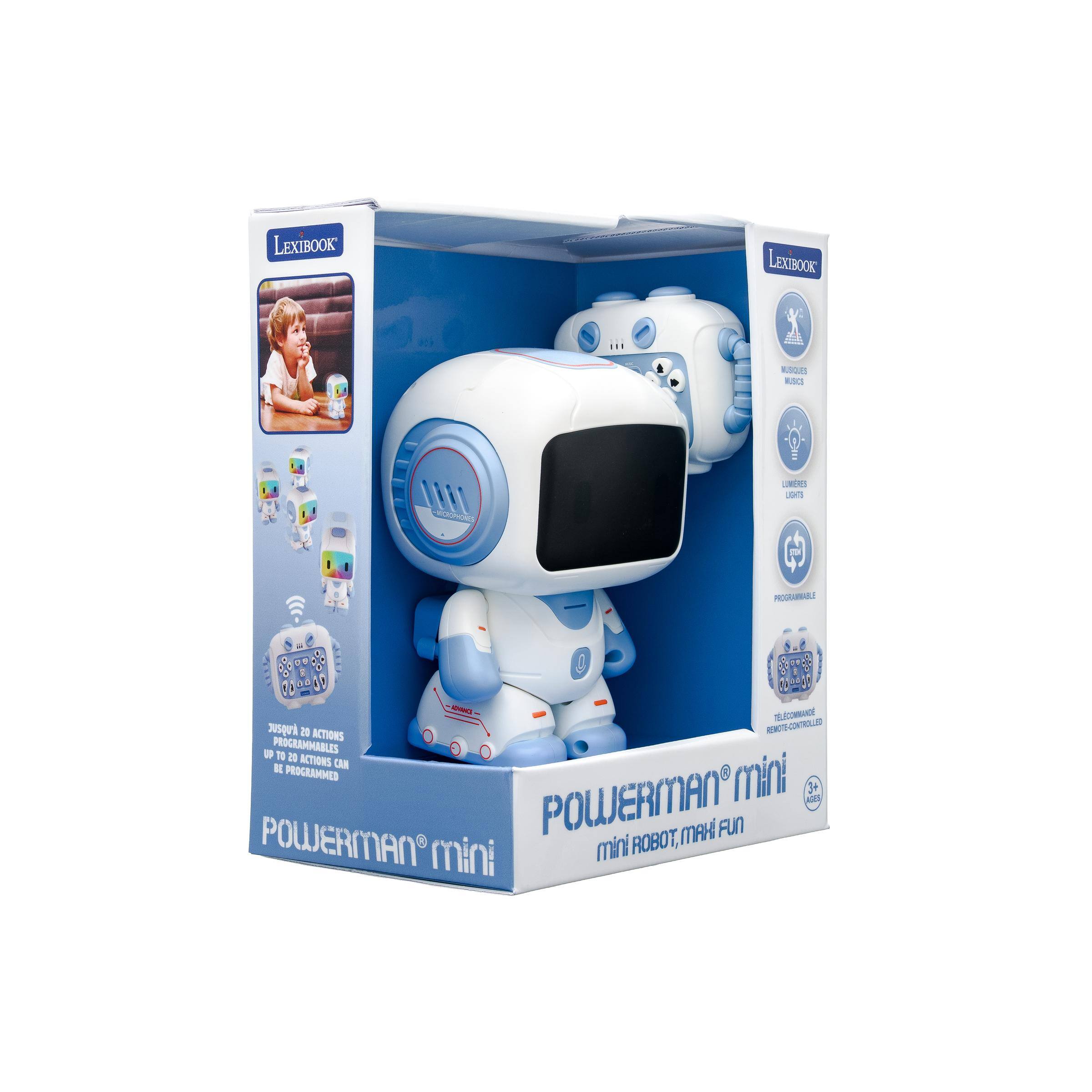 LEXIBOOK  
LEXIBOX  
MUSIQUES MUSICS  
MICROPHONES  
LUMIÈRES LIGHTS  
PROGRAMMABLE  
36 ADVANCE TELECOMMANDES (REMOTE-CONTROLLED) UP TO 36 ACTIONS CAN BE PROGRAMMED  
POWERMAN® mini  
mini ROBOT, MAHI FUN