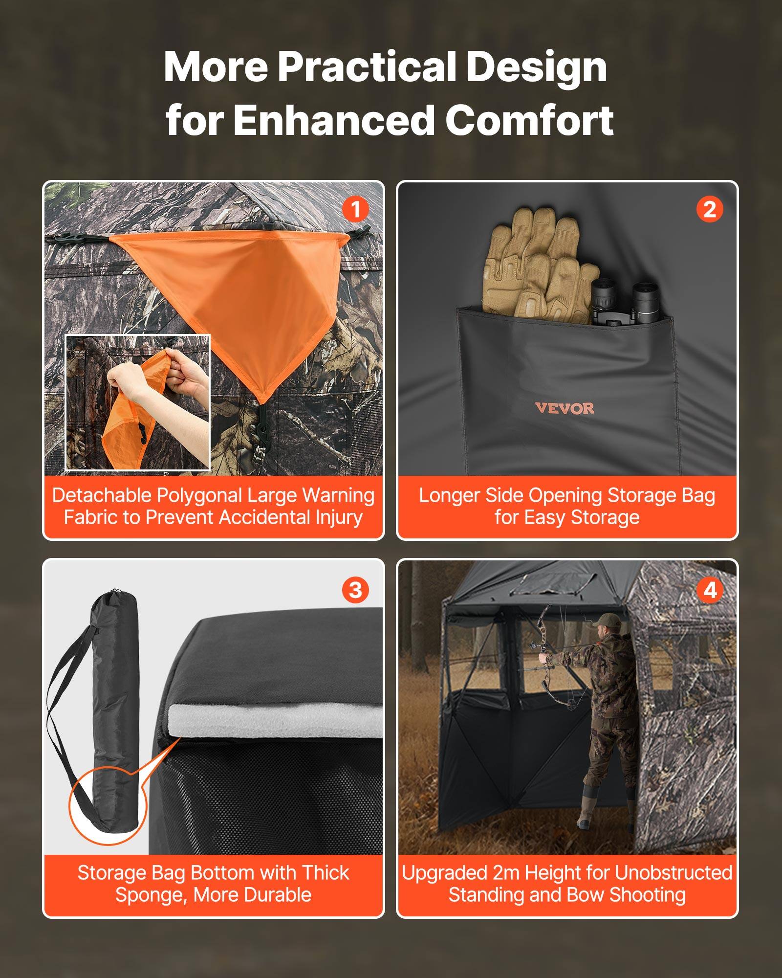 More Practical Design for Enhanced Comfort

1. Detachable Polygonal Large Warning Fabric to Prevent Accidental Injury
2. Longer Side Opening Storage Bag for Easy Storage
3. Storage Bag Bottom with Thick Sponge, More Durable
4. Upgraded 2m Height for Unobstructed Standing and Bow Shooting