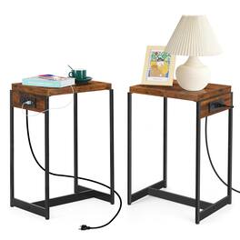 Oumilen - 2-Pack Rustic End Tables with Charging Station, Industrial Wood Side Tables with 2 AC Outlets & 2 USB Ports - Brown