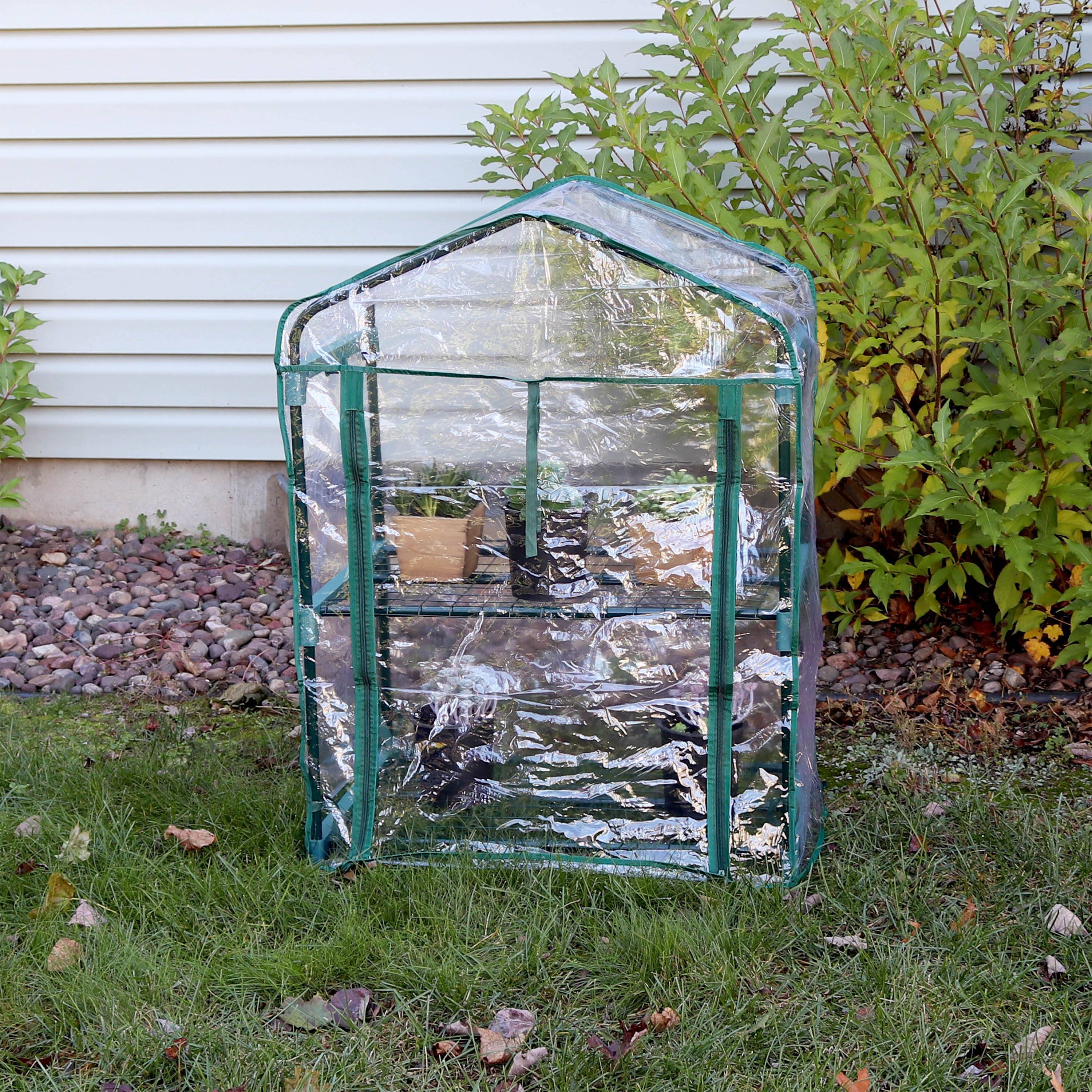 Alt View 5. Sunnydaze - 2-Tier Iron PVC Cover Mini Greenhouse and Roll-Up Zipper - Clear.