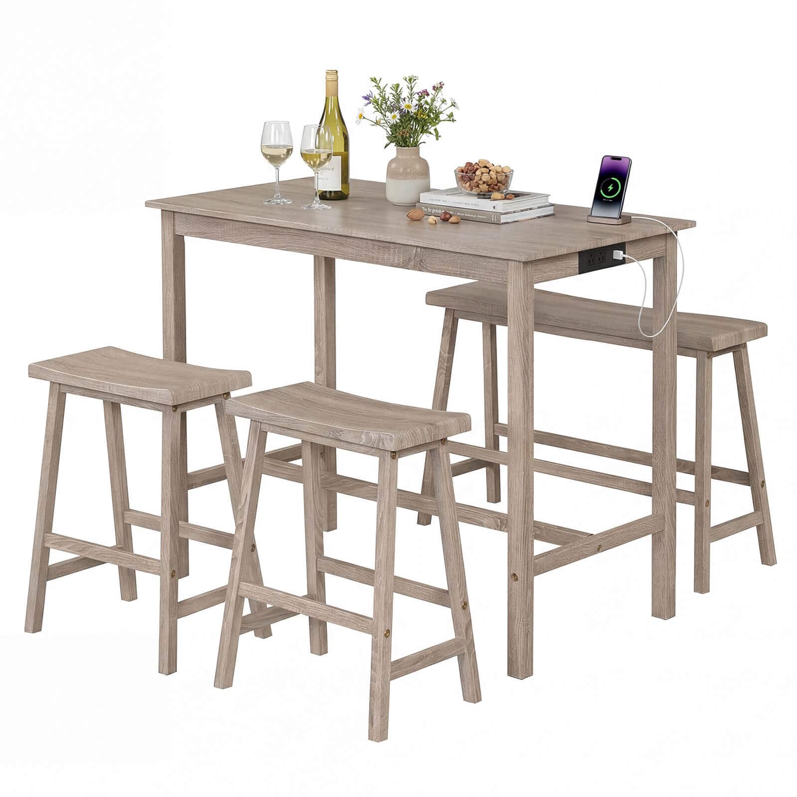 Costway - 4 PCS Counter Height Dining Table Set with Power Outlet Saddle Backless Bench Stools - Light Gray