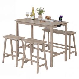 Costway - 4 PCS Counter Height Dining Table Set with Power Outlet Saddle Backless Bench Stools - Light Gray