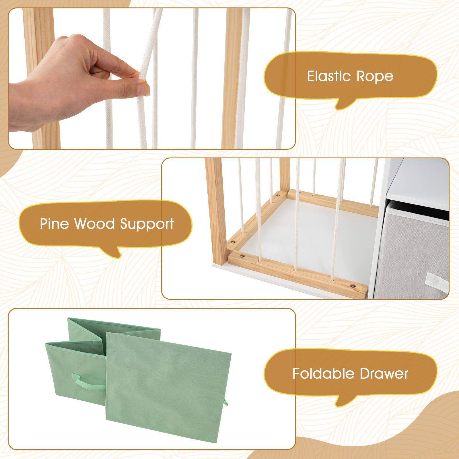 Elastic Rope, Pine Wood Support, Foldable Drawer